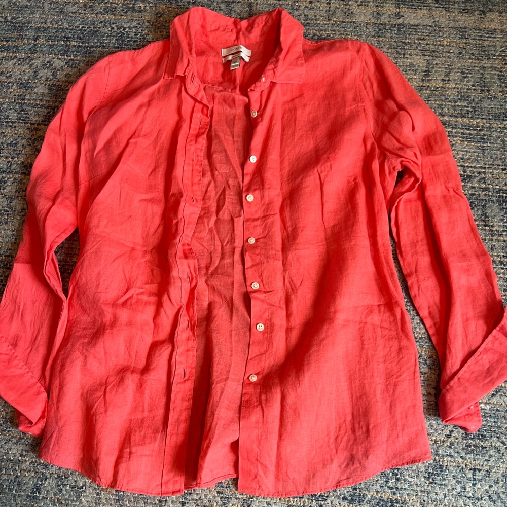 J Crew Linen Perfect Button Down in Coral - Size 12P
